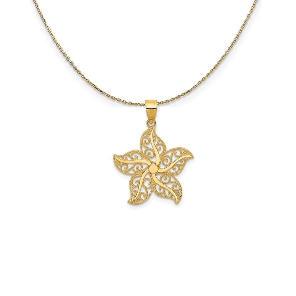 14k Yellow Gold Flat Filigree Starfish Necklace