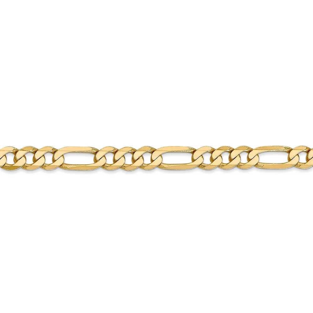 5.25mm 14k Yellow Gold Solid Flat Figaro Chain Bracelet, 8 Inch