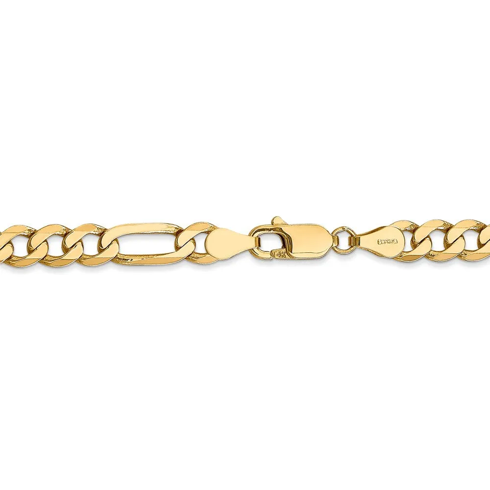 5.25mm 14k Yellow Gold Solid Flat Figaro Chain Bracelet, 8 Inch