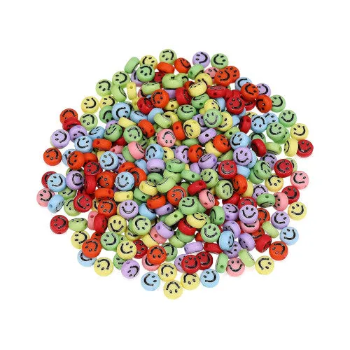 Acrylic Beads, Smiley Faces, Flat, Round, Opaque, Mixed Colors, 7mm