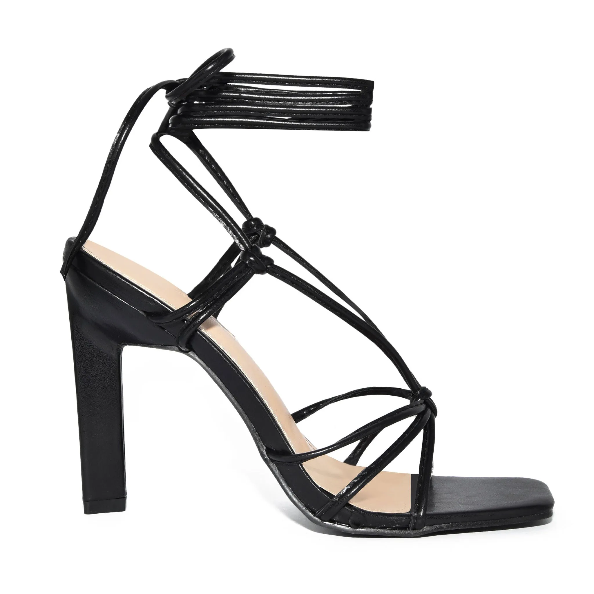 BOSTON-01 Strappy Knotted Lace-Up Square Toe High Heels