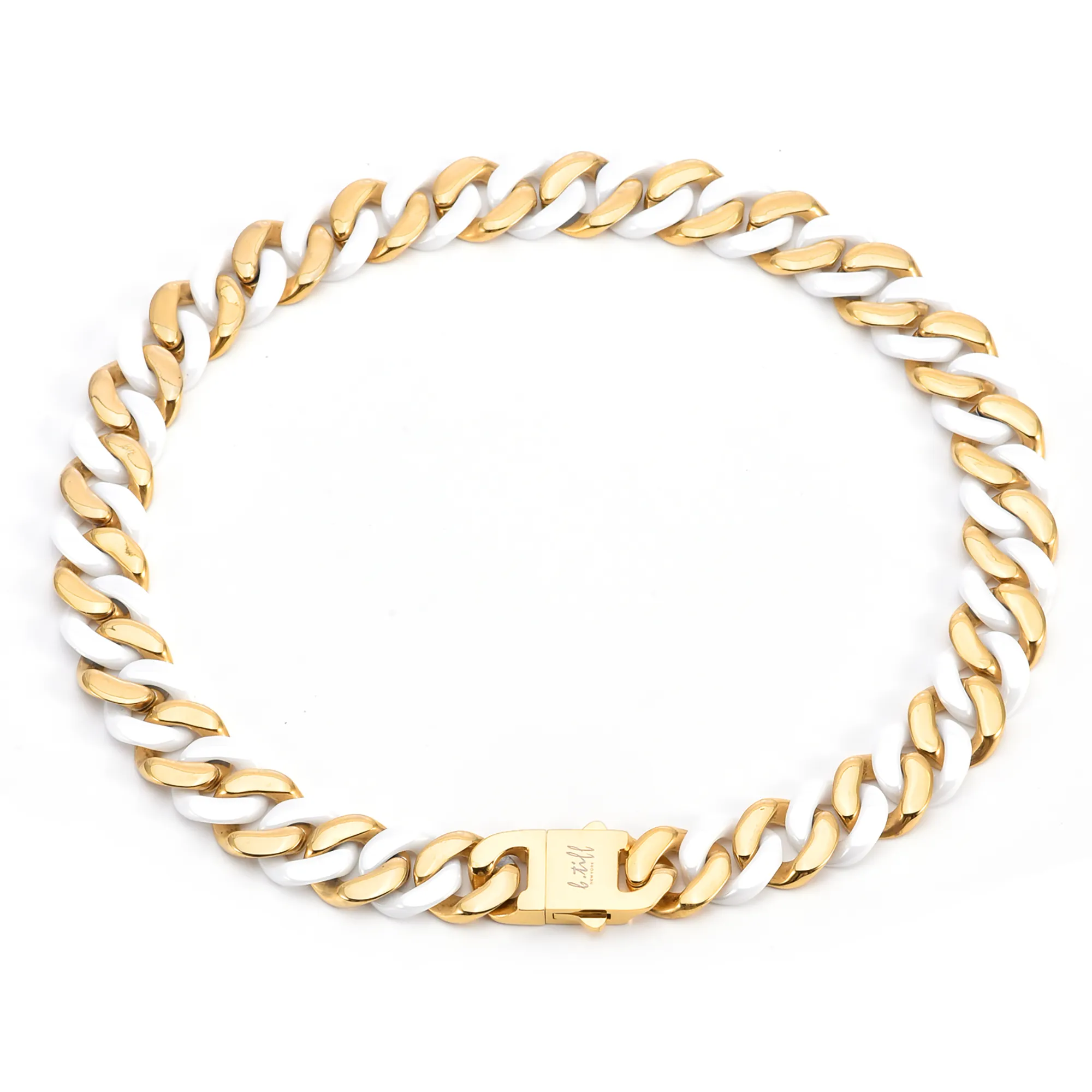 C160GW B.Tiff 16mm 18K Gold Plated & White Ceramic Flat Cuban Link Stainless Steel Necklace