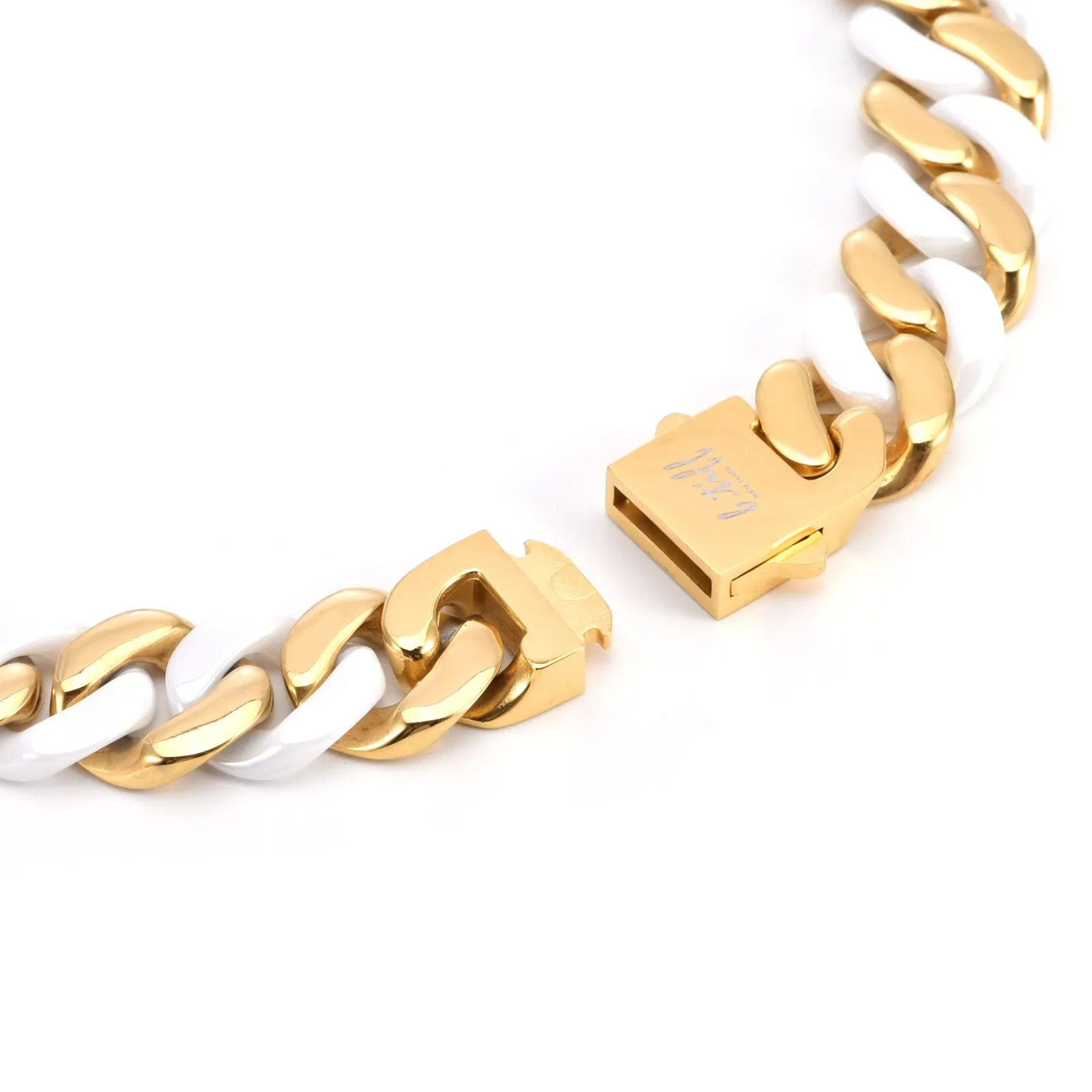 C160GW B.Tiff 16mm 18K Gold Plated & White Ceramic Flat Cuban Link Stainless Steel Necklace