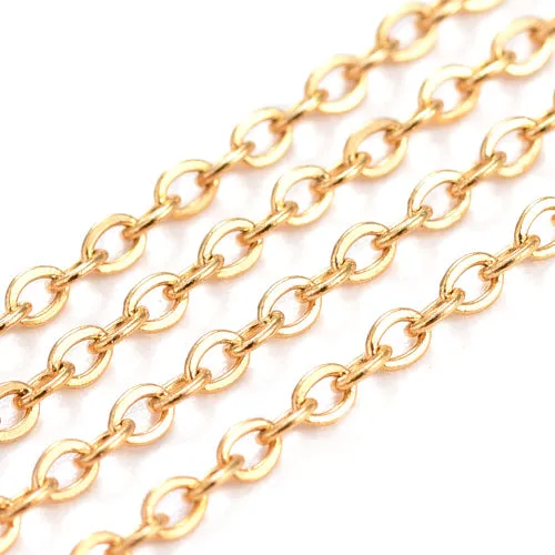 Chain, 304 Stainless Steel, Cable Chain, Soldered, Flat, Oval, Gold Plated, 1.5x1.2mm