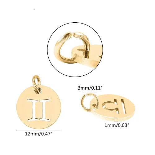 Charms, 201 Stainless Steel, Zodiac Signs, Laser-Cut, Flat, Round, With Jump Ring, Golden, 12mm