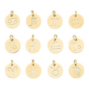 Charms, 201 Stainless Steel, Zodiac Signs, Laser-Cut, Flat, Round, With Jump Ring, Golden, 12mm