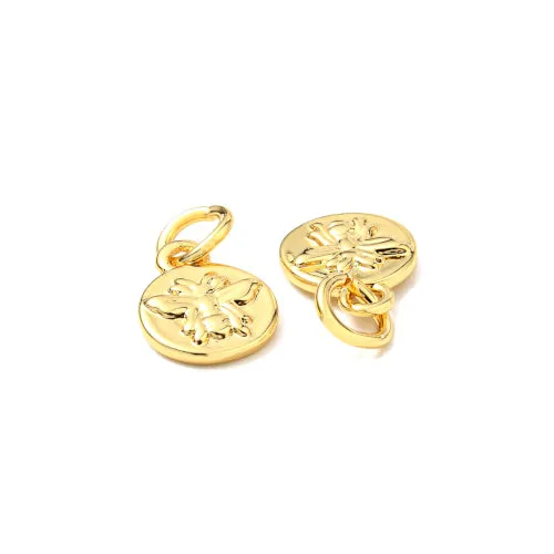 Charms, Honey Bee, Flat, Round, With Jump Ring, Gold Plated, Brass, 10mm