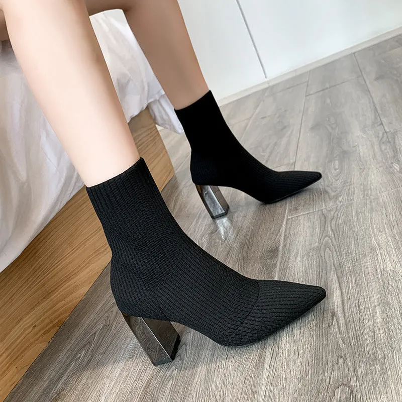 Chunky High Heels Socks Boots