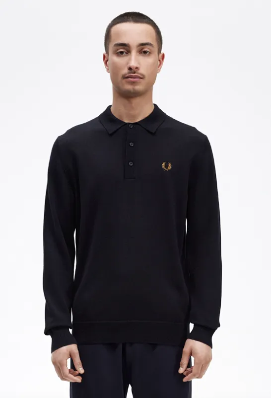 Fred Perry Long Sleeve Knitted Shirt/Navy - AW23 SALE