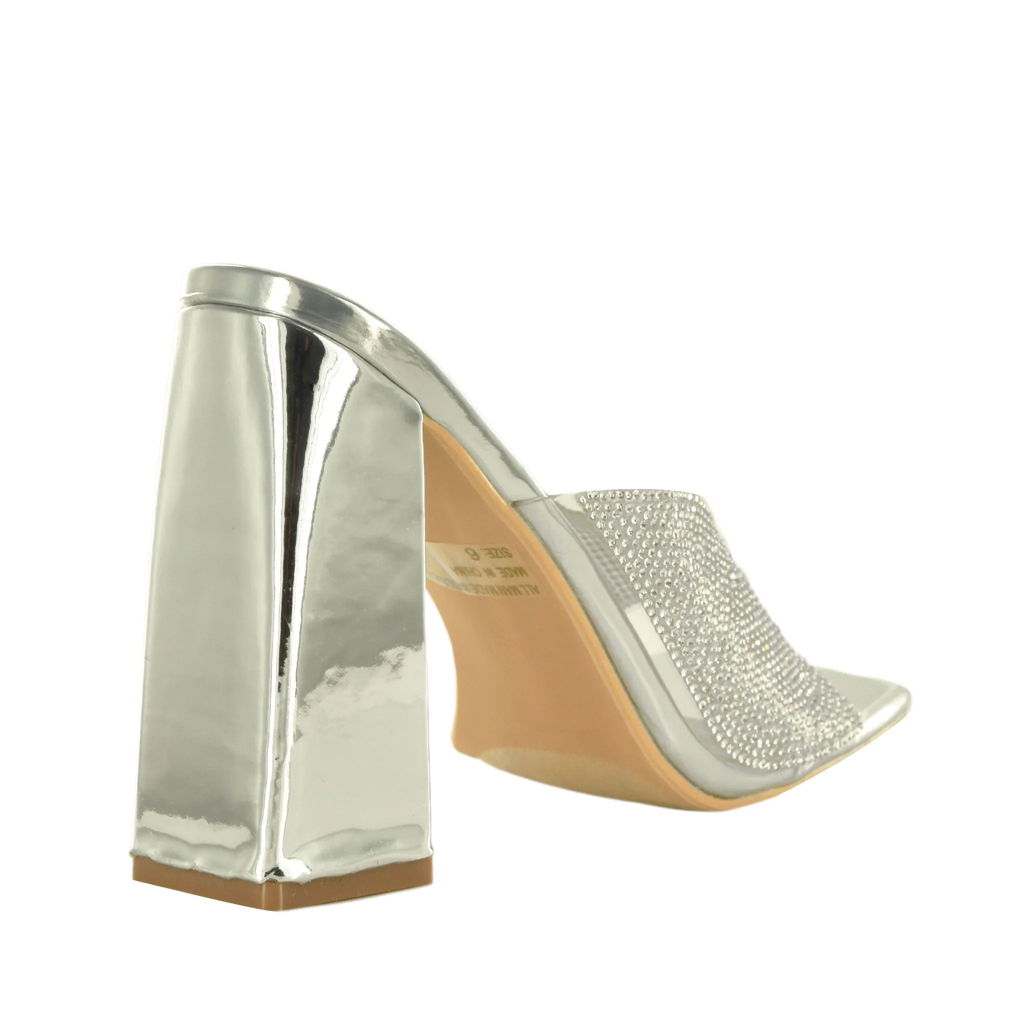 KALSA-02 Rhinestone Square Open Toe Slide Flared High Heels