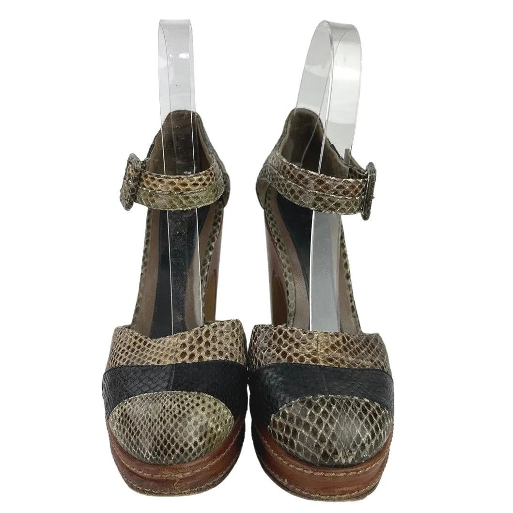 Marni Black Brown Snakeskin Leather Ankle Strap Platform High Heels Sandals 5