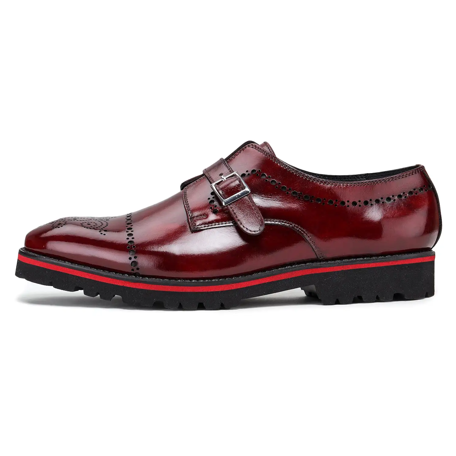 Medallion Toe Single Monk Strap - Wine Red