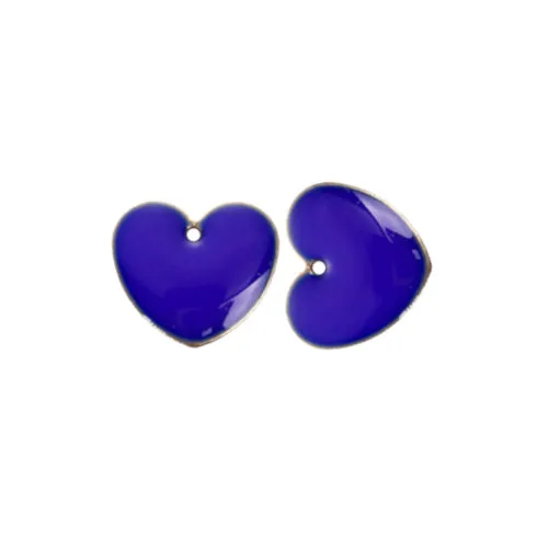 Pendants, Heart, Flat, Double-Sided, Royal Blue, Enameled, Brass, Drops, 16mm