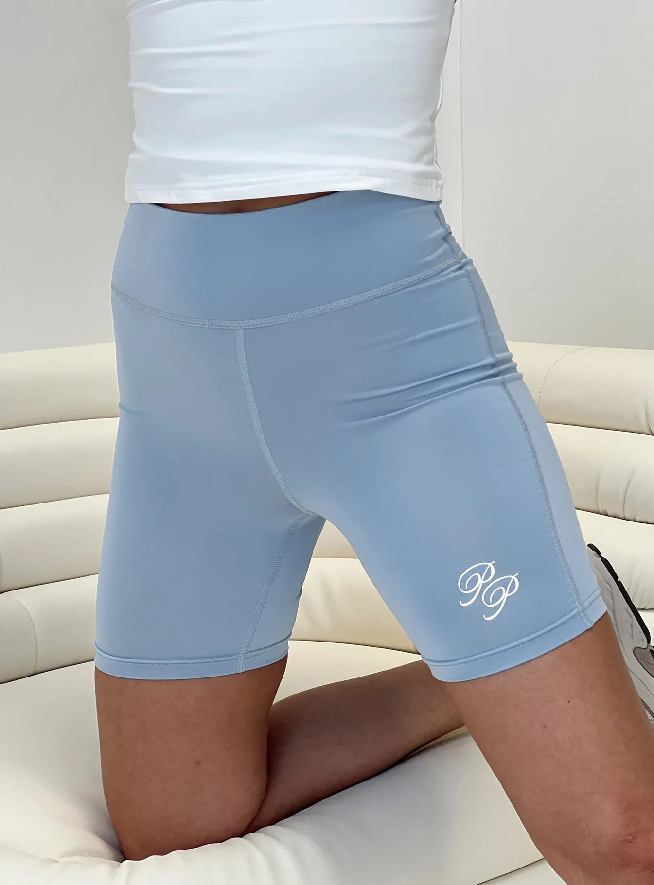 Princess Polly Bike Shorts Cursive Text Pale Blue/ Eggshell