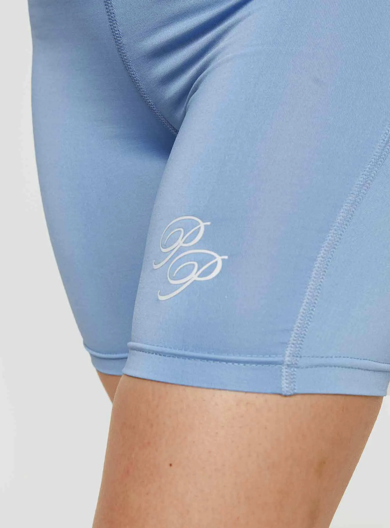 Princess Polly Bike Shorts Cursive Text Pale Blue/ Eggshell