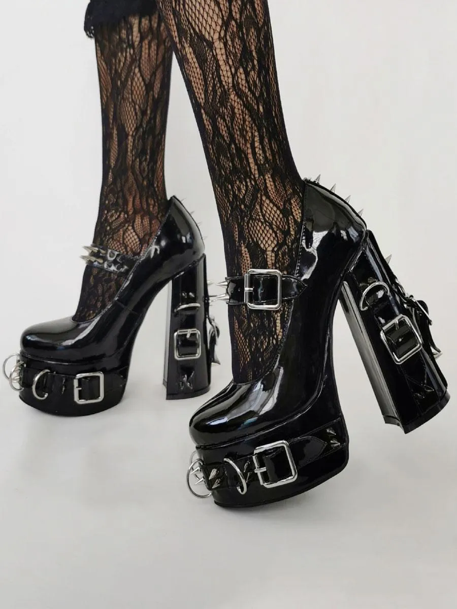 Punk Style High Heels Black Bukle Detail Rivets High Heels