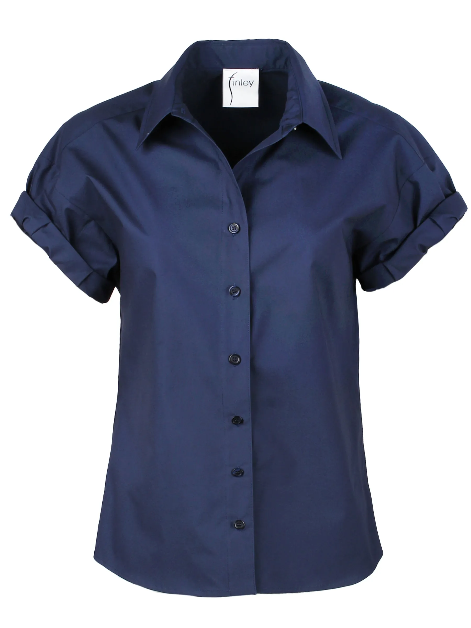 Roll Sleeve Camp Shirt Navy Blue Silky Poplin