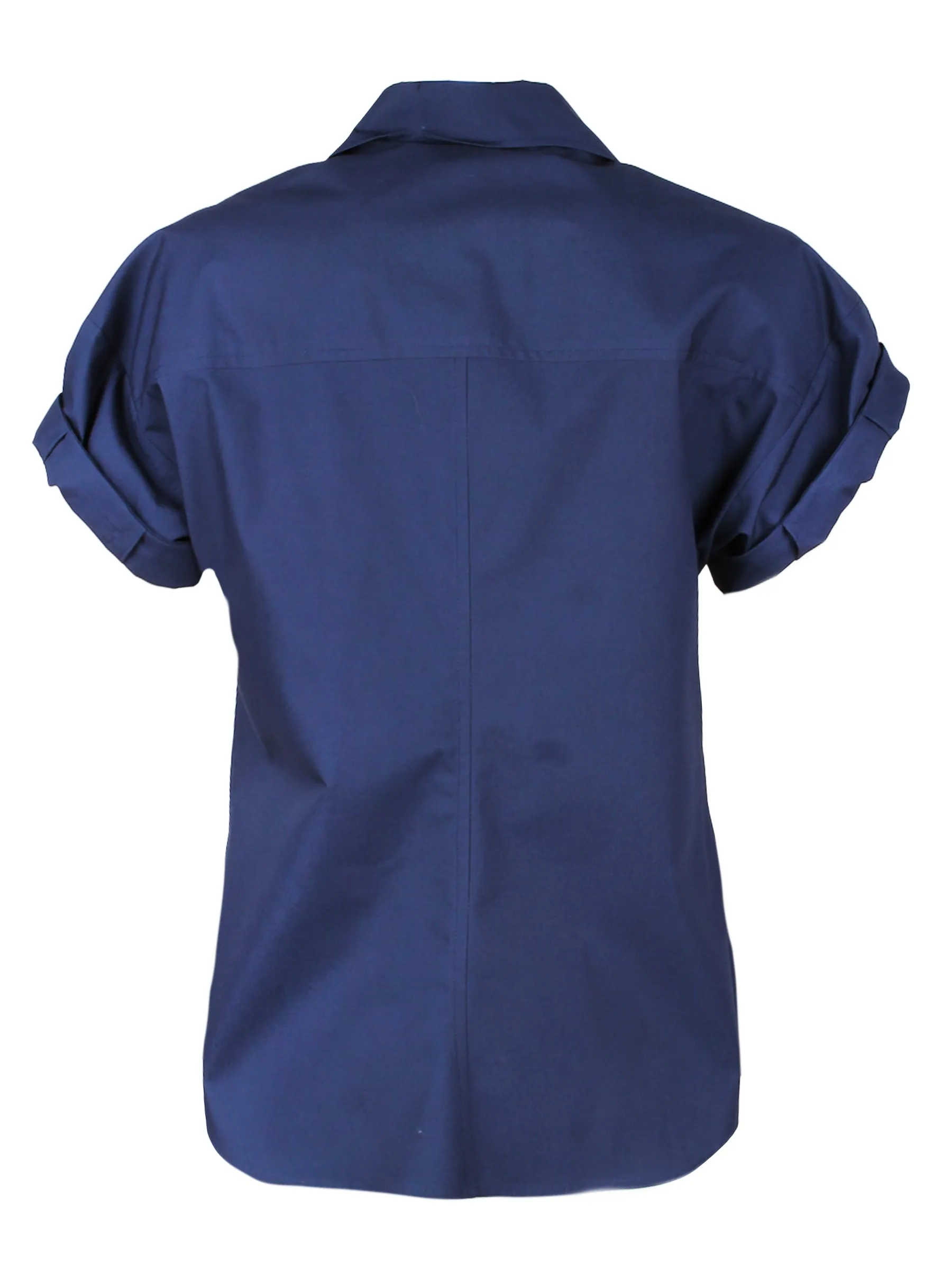 Roll Sleeve Camp Shirt Navy Blue Silky Poplin