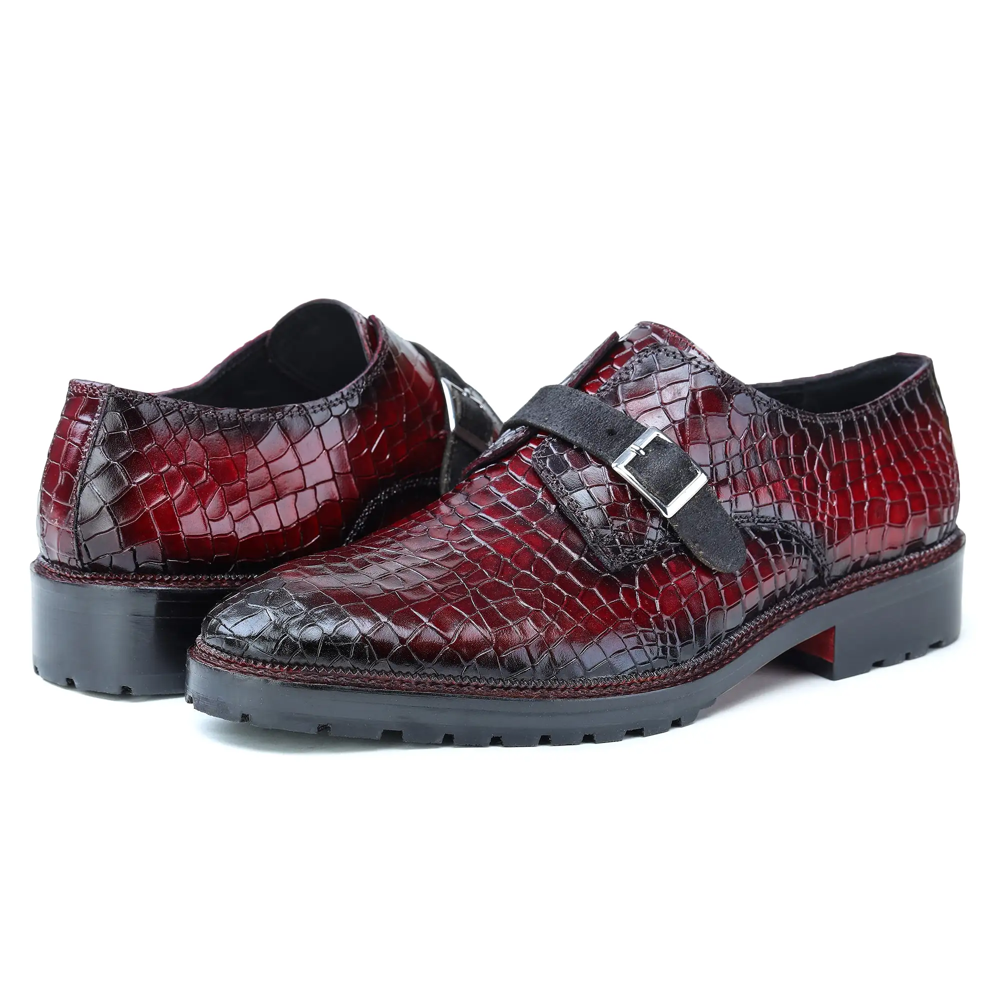 Single Monk Strap - Croc Wine Red