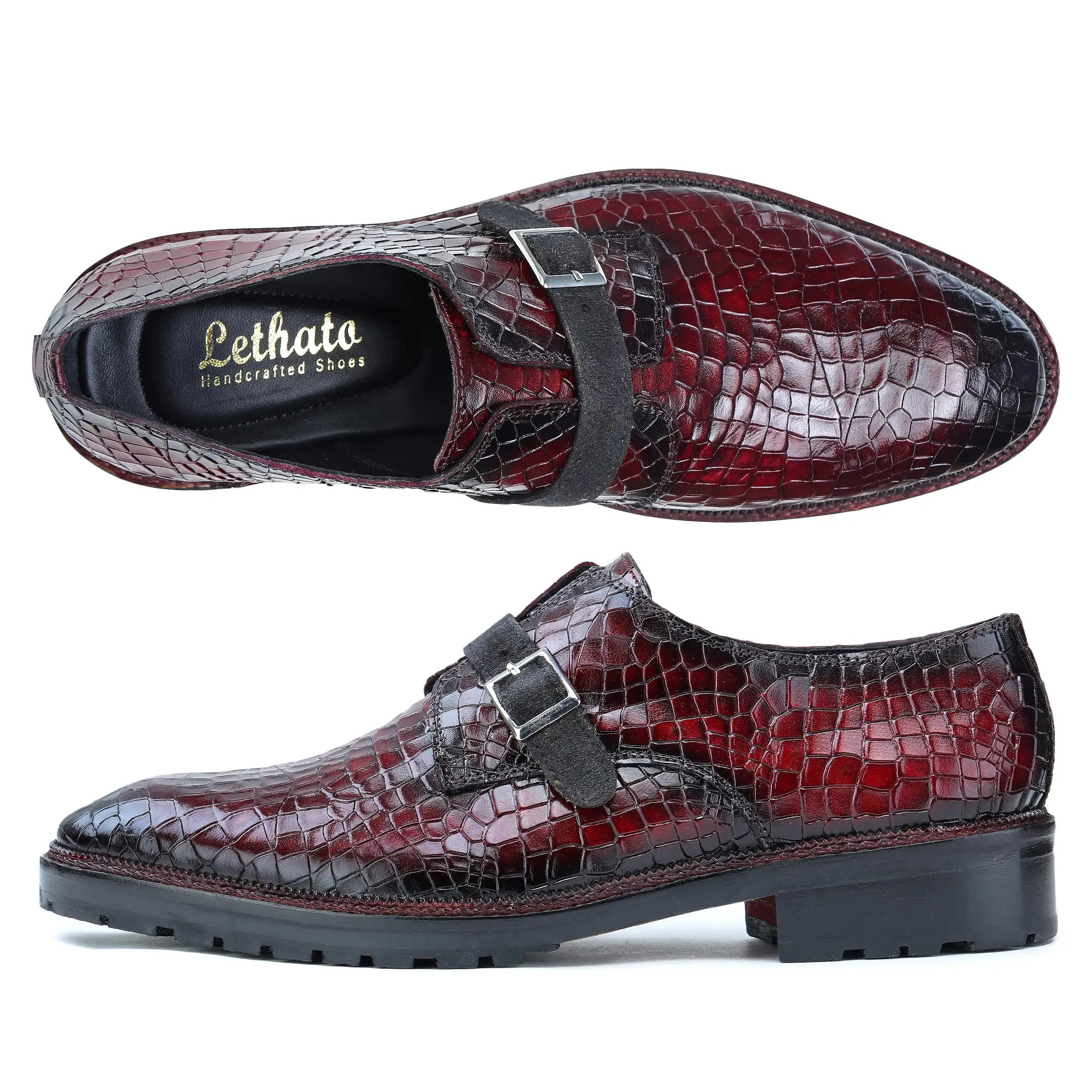 Single Monk Strap - Croc Wine Red