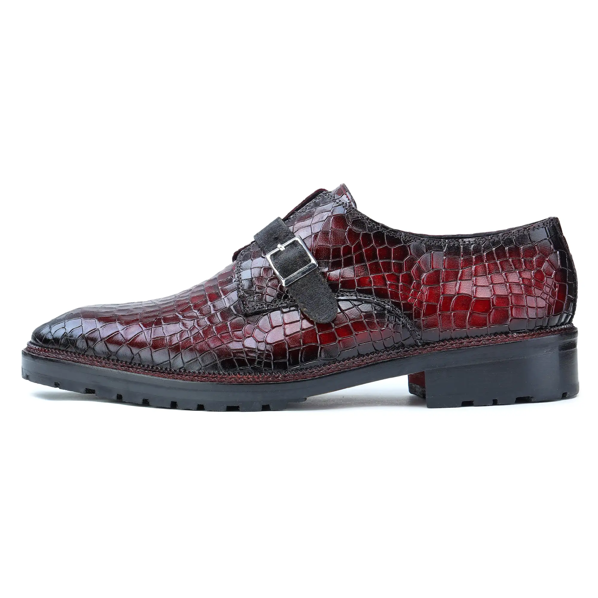 Single Monk Strap - Croc Wine Red