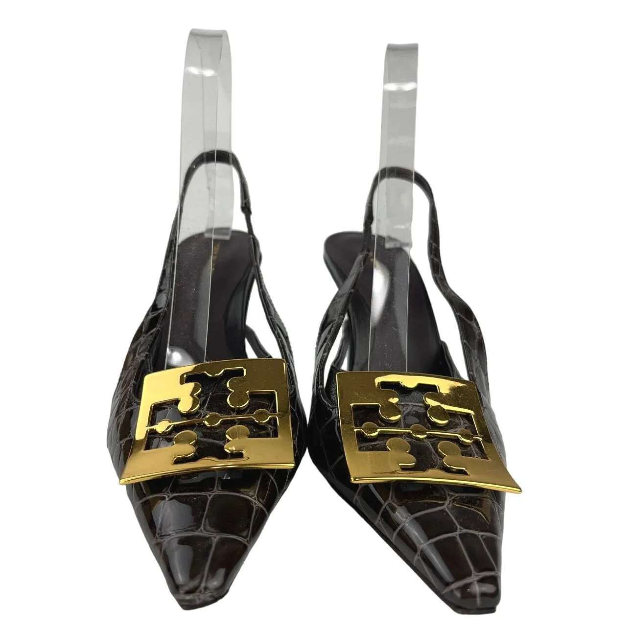 Tory Burch Black Pointed Toe Patent Crocs Sling Back High Heels Pumps Shoes 7M