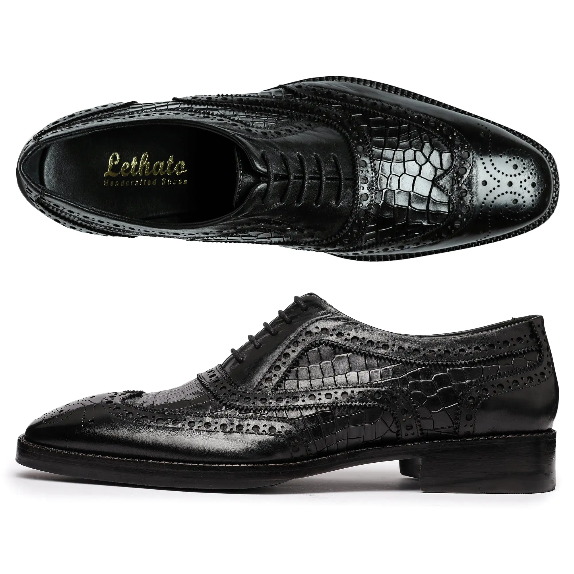 Wingtip Brogue Oxford- Croc Black