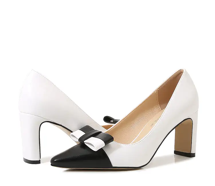 Women's Bicolor Bow Tie Pointed Toe Shallow Chunky Heel Pumps