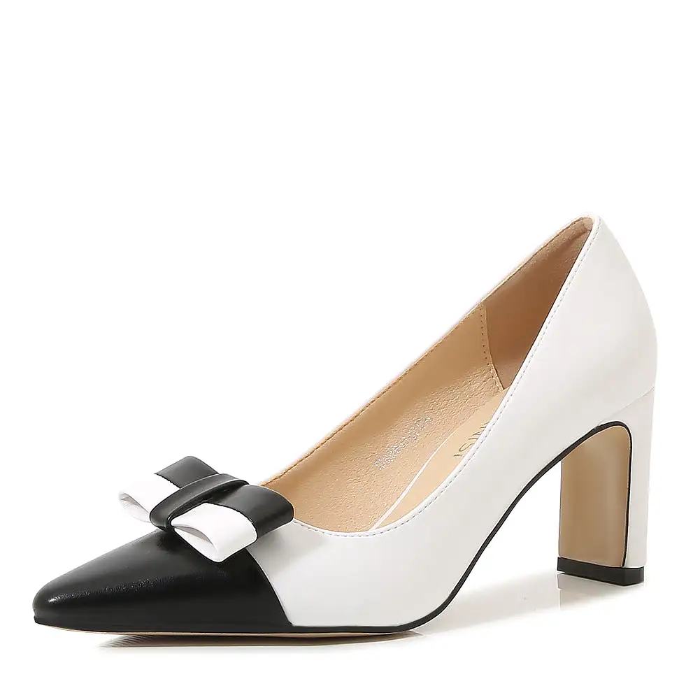 Women's Bicolor Bow Tie Pointed Toe Shallow Chunky Heel Pumps