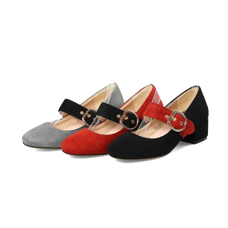 Women's Bicolor Buckle Straps Mary Janes Block Heel Pumps