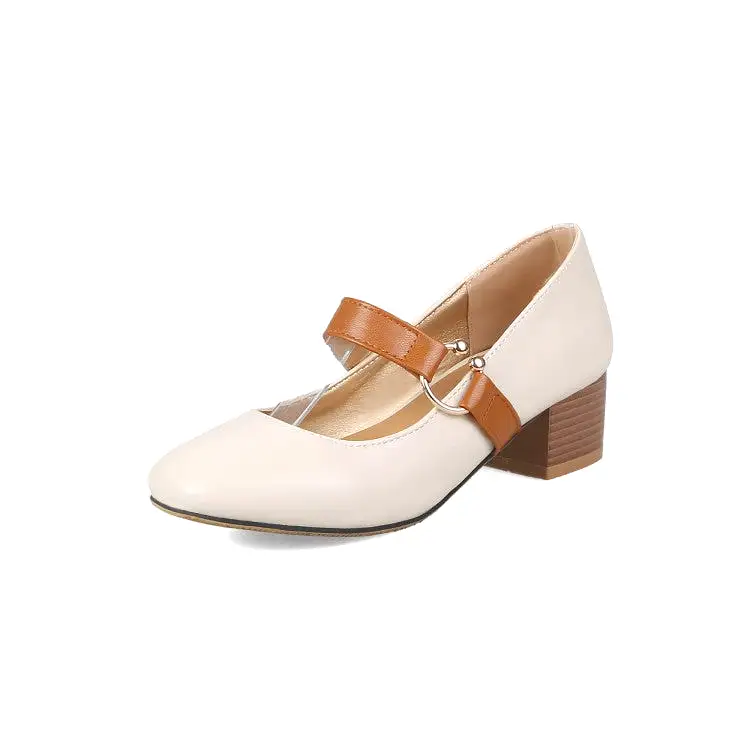 Women's Bicolor Mary Janes Block Heel Pumps