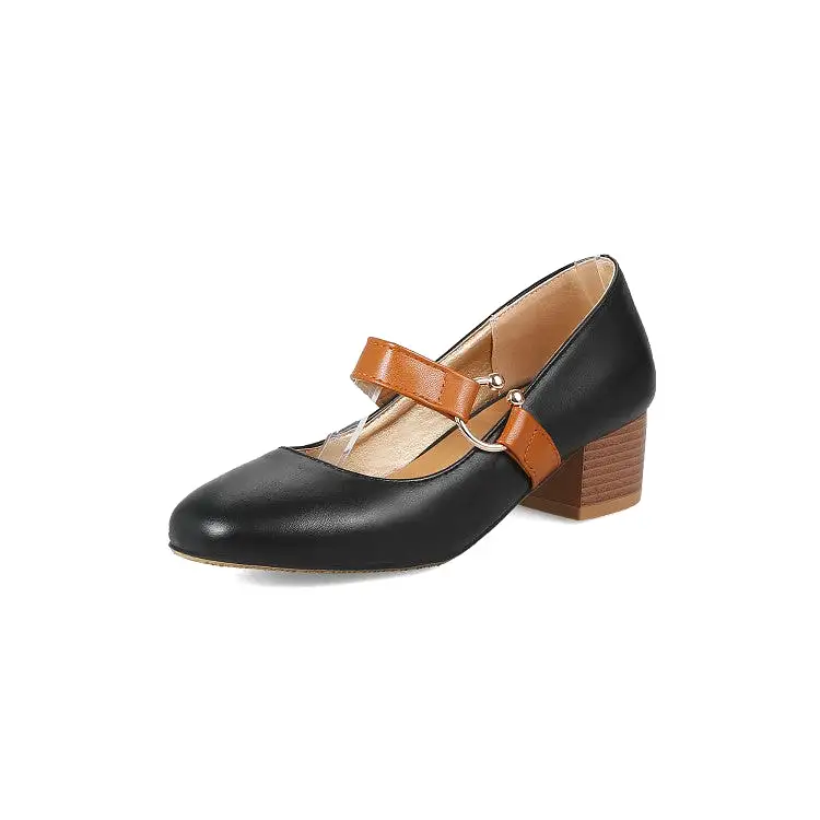 Women's Bicolor Mary Janes Block Heel Pumps