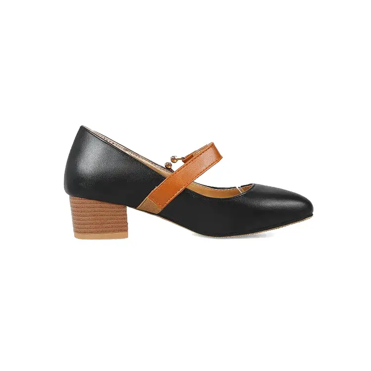 Women's Bicolor Mary Janes Block Heel Pumps