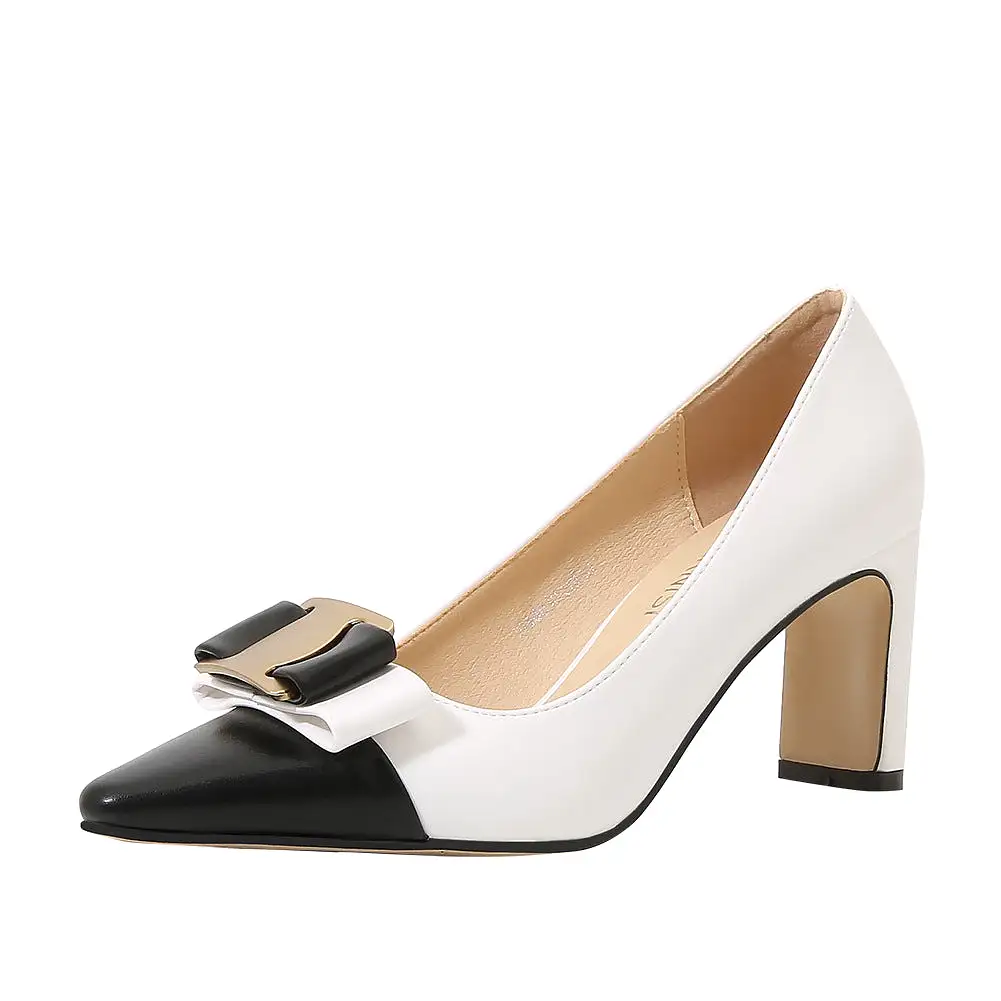 Women's Bicolor Pointed Toe Bow Tie Shallow Chunky Heel Pumps