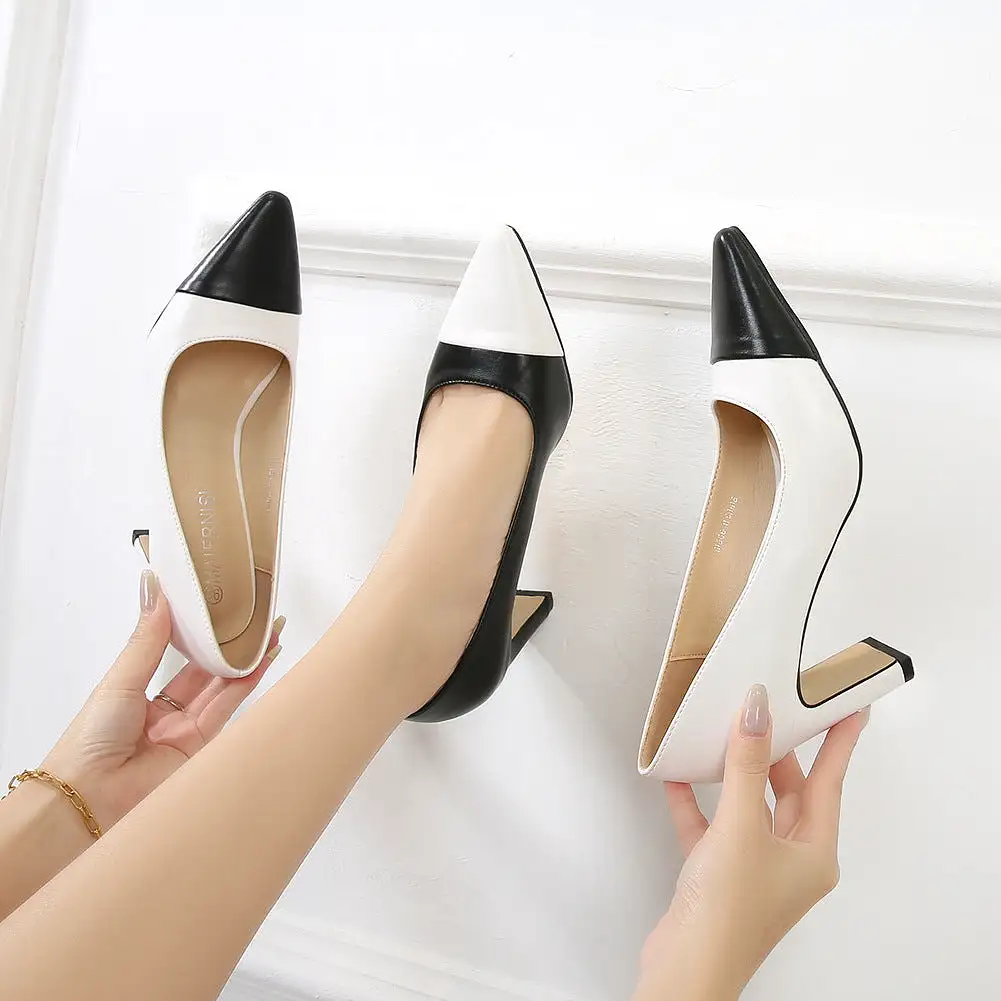 Women's Bicolor Pointed Toe Shallow Chunky Heel Pumps