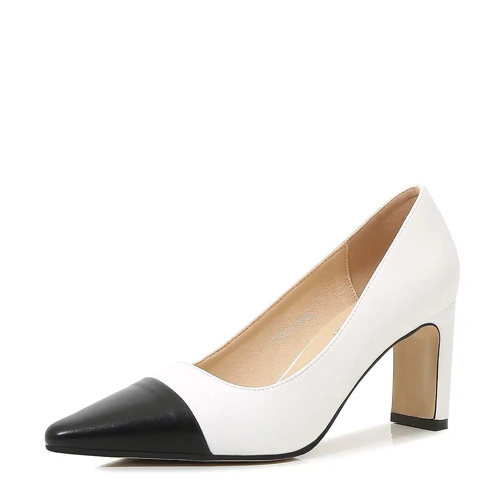 Women's Bicolor Pointed Toe Shallow Chunky Heel Pumps