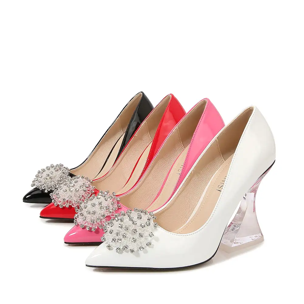 Women's Candy Color Pointed Toe Rhinestone Flora Shallow Crystal Spool Heel Pumps