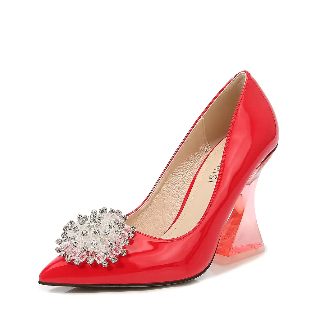 Women's Candy Color Pointed Toe Rhinestone Flora Shallow Crystal Spool Heel Pumps