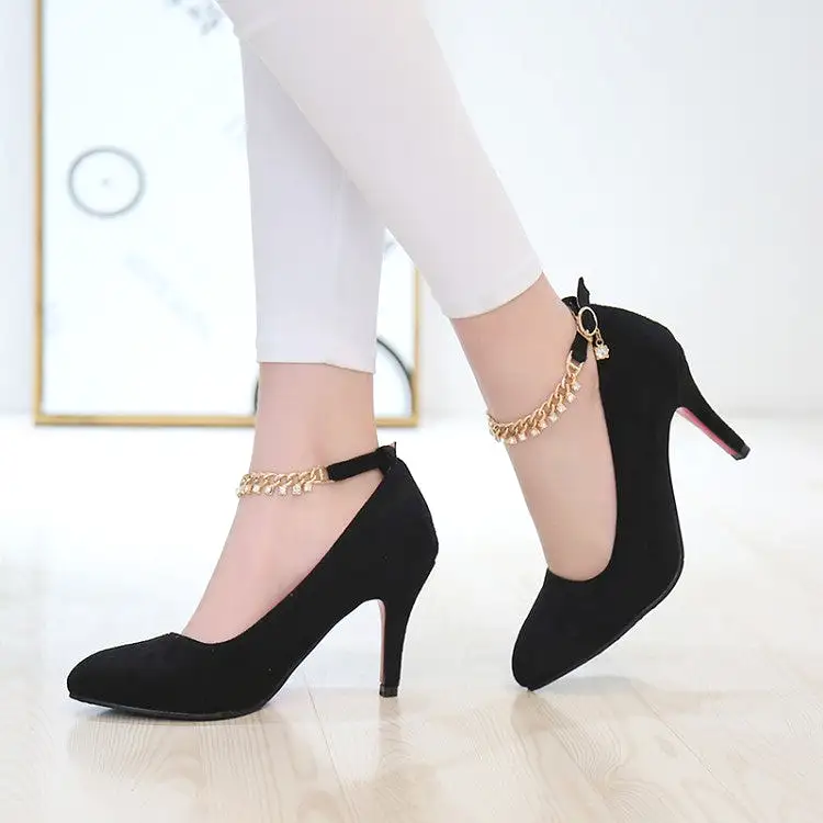 Women's Flock Pointed Toe Rhinestone Chains Ankle Strap Stiletto Heel Pumps