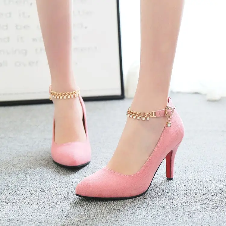 Women's Flock Pointed Toe Rhinestone Chains Ankle Strap Stiletto Heel Pumps