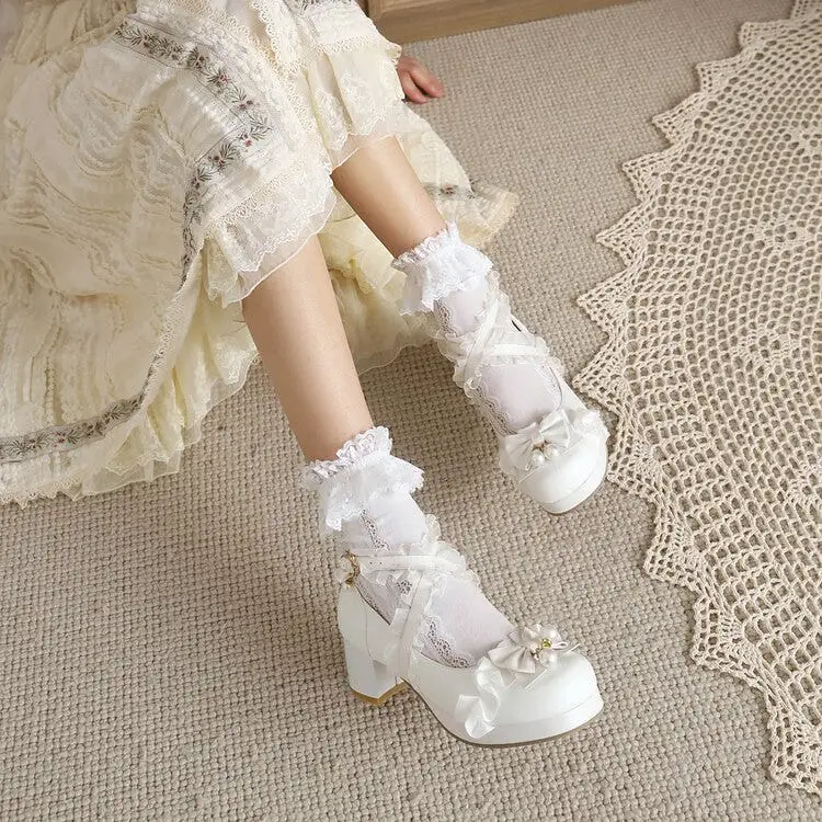 Women's Lace Bow Tie Pearls Block Heel Platform Pumps