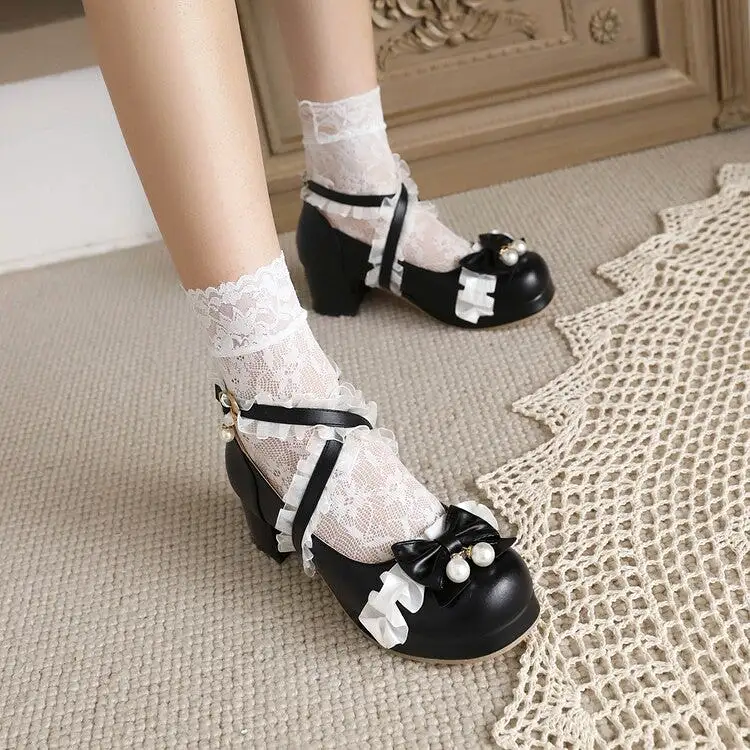 Women's Lace Bow Tie Pearls Block Heel Platform Pumps