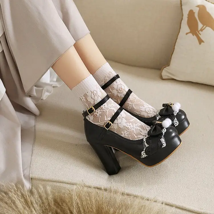 Women's Lolita Bow Tie Almond Toe Lace Ankle Strap Chunky Heel Platform Pumps