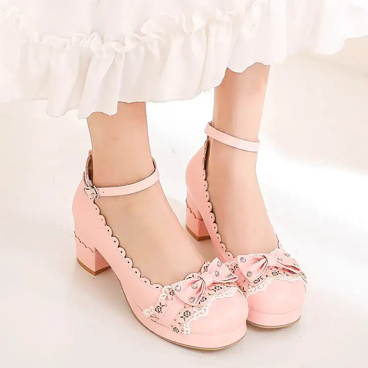 Women's Lolita Carved Bow Tie Block Chunky Heel Platform Pumps