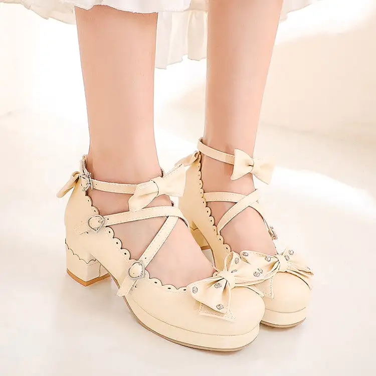 Women's Lolita Carved Round Toe Bow Tie Chunky Heel Platform Pumps