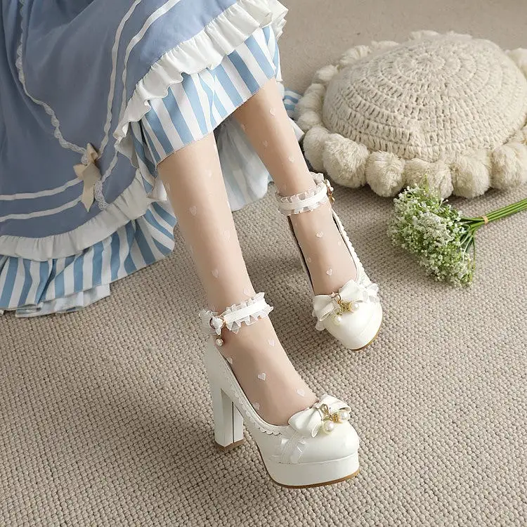 Women's Lolita Lace Pearls Bow Tie Chunky Heel Platform Pumps