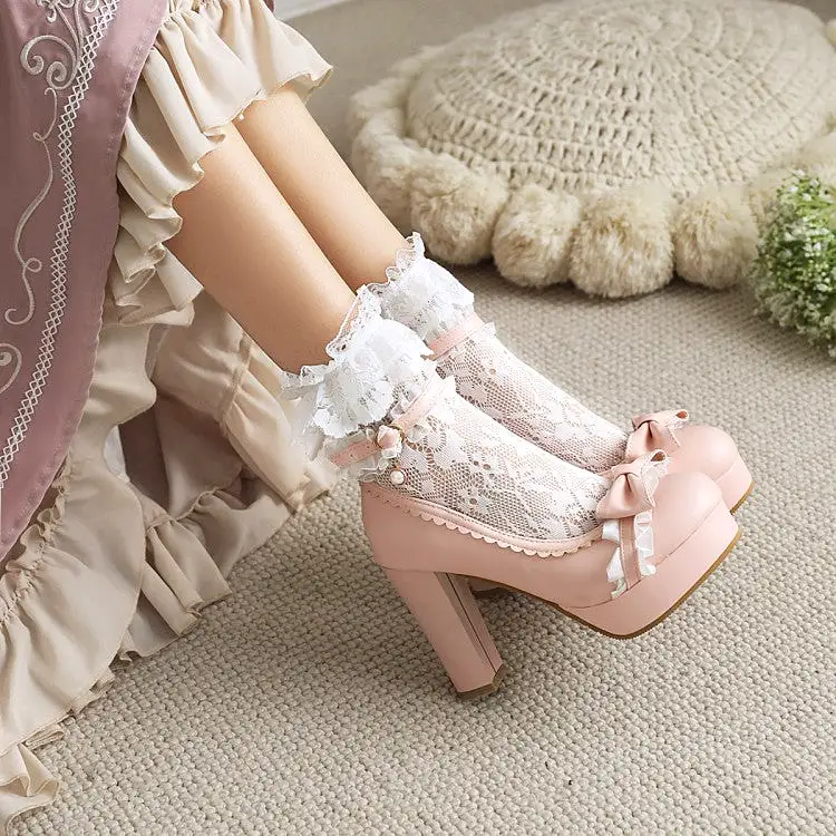 Women's Lolita Lace Pearls Bow Tie Chunky Heel Platform Pumps