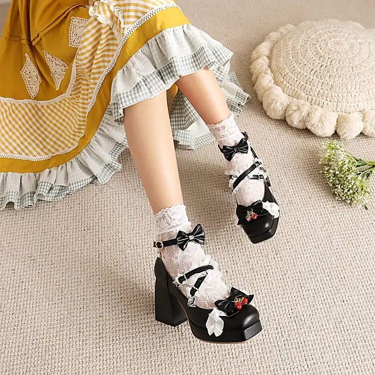 Women's Lolita Square Toe Lace Bow Tie Chunky Heel Platform Pumps