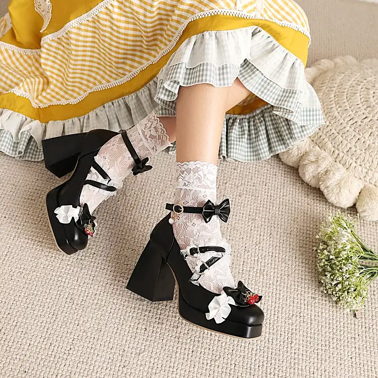 Women's Lolita Square Toe Lace Bow Tie Chunky Heel Platform Pumps