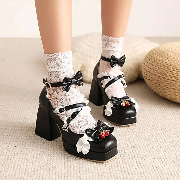 Women's Lolita Square Toe Lace Bow Tie Chunky Heel Platform Pumps